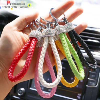 Creative key chain for automobiles Panya wind-set drill pendant key chain knitting leather rope car key ring couple gifts