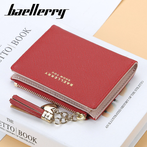 baellerry wallet women's short Korean style multi-card buckle coin purse cross pattern tassel zipper women's bag