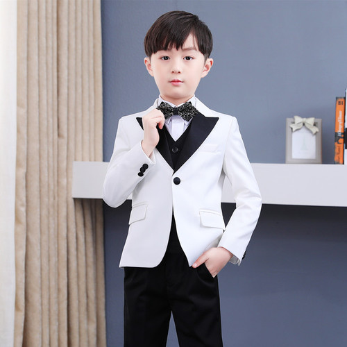 White with black patchwork jazz dance singers stage performance dress suit set for boy wedding party flower boy blazers pants host piano performance costume
