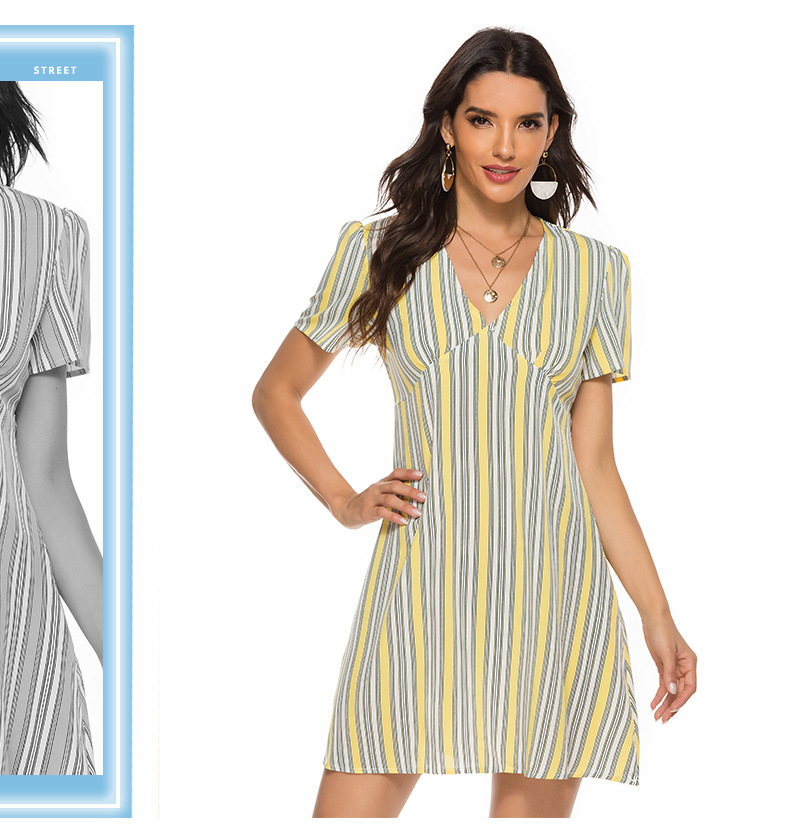 Summer New Lemon Yellow Striped Sexy V-neck Short Sleeve Dress  NSJR30281