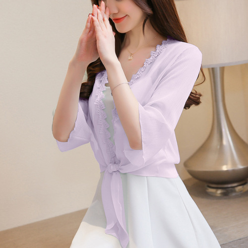 Chiffon shawl women's summer lace cardigan chiffon top sun protection thin air-conditioning shirt with suspender skirt