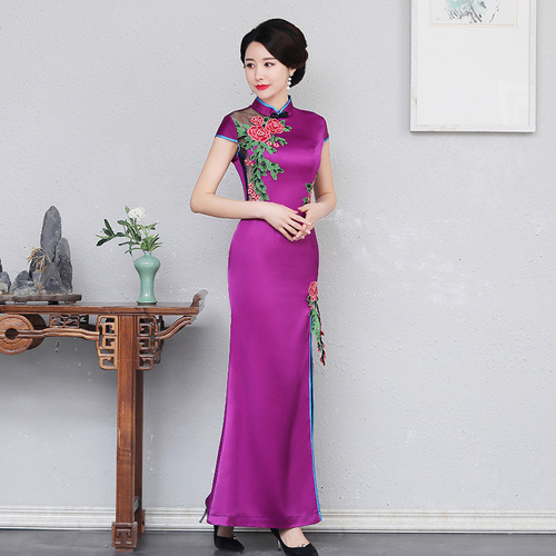 Turquoise purple red flowers chinese dresses qipao Shows the Chinese dress costumes female long etiquette hotel stage dignified open fork cheongsam of Plus size