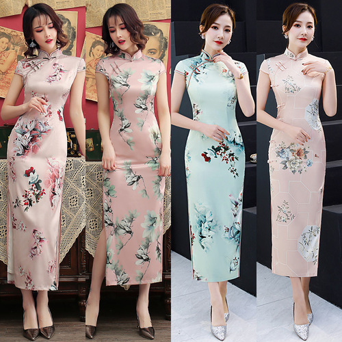 Women Chinese dresses qipao Long silk cheongsam plus size show catwalk mother dress slim daily cheongsam