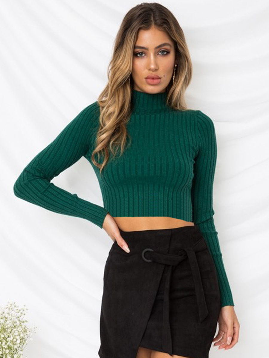 Half-High Collar Solid Color Long-Sleeved Knitted Midriff-Baring Top - Sweaters - Uniqistic.com