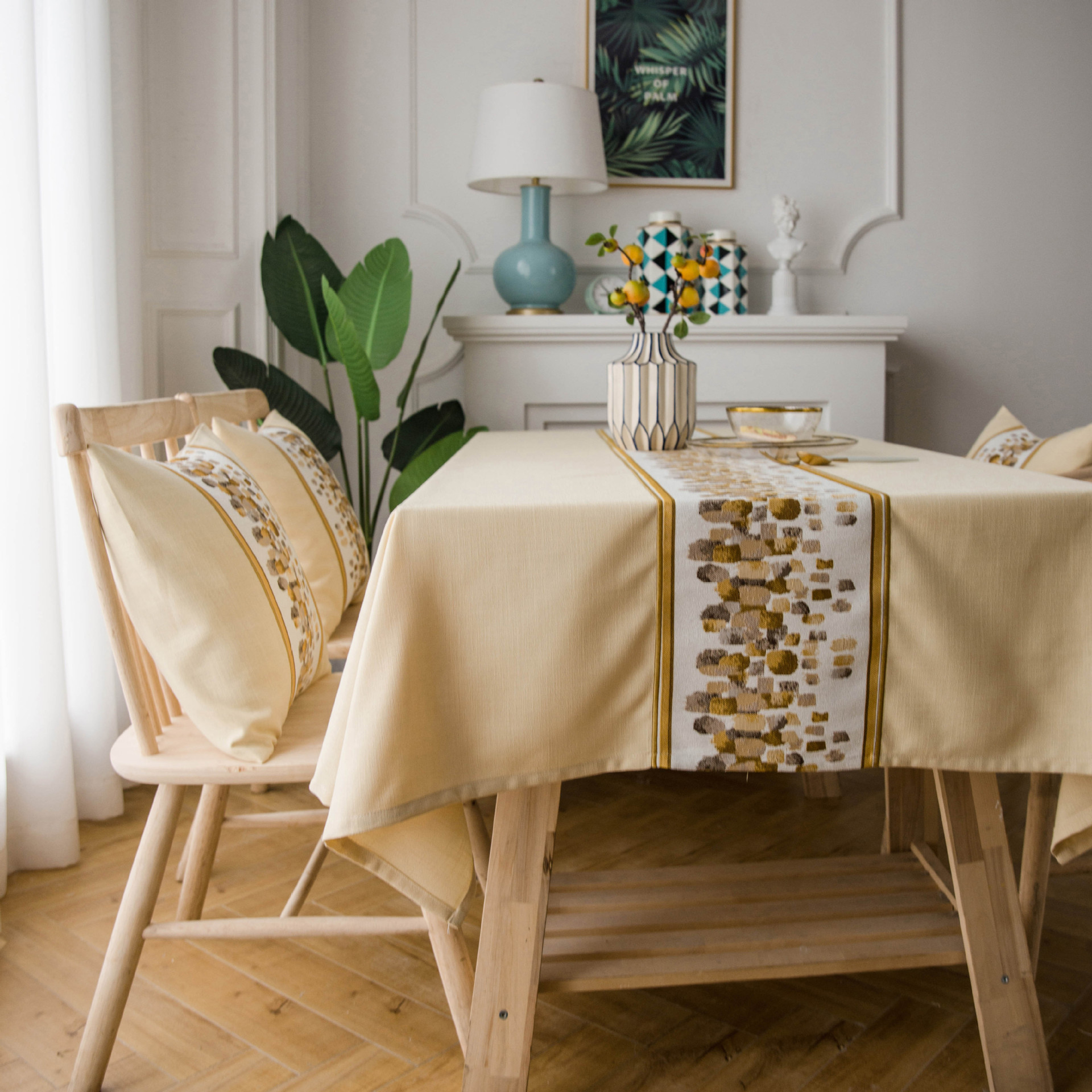 桌布现在简约镶边石头绣花米黄色茶几布书桌