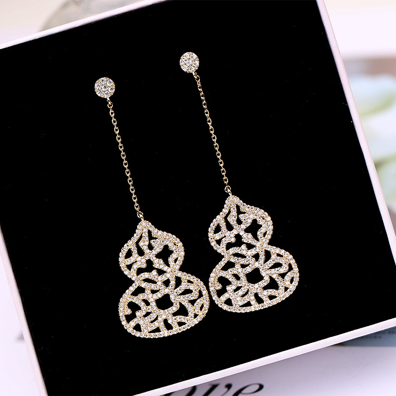 Earrings Large Gourd Long Silver Needle Earrings Lace Hollow Earrings Zircon Long Earrings Wholesales  Fashion display picture 12