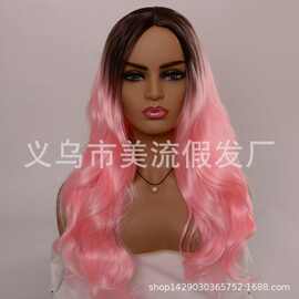 跨境外贸欧美女士中分刘海长卷发大波浪逼真长卷发粉红色发套