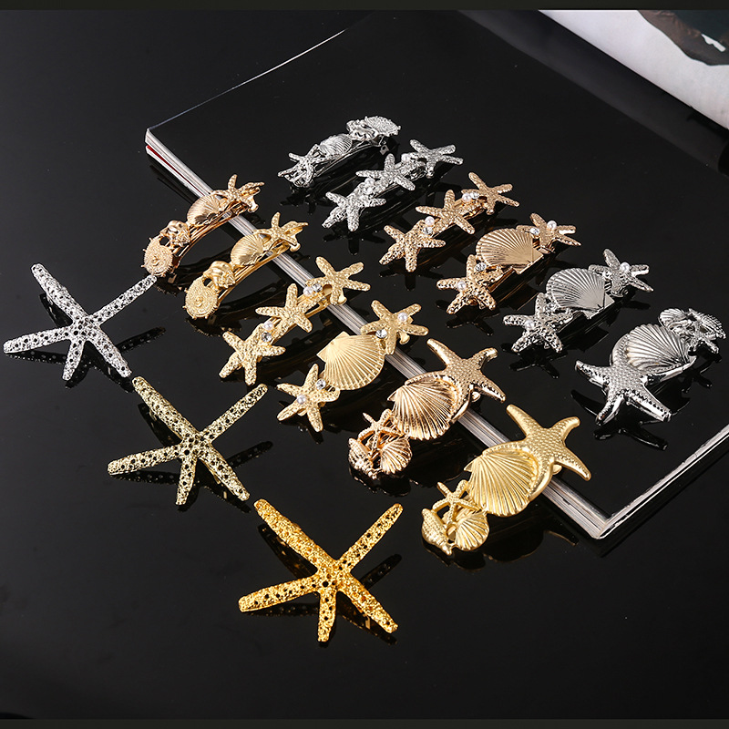 Women's Casual Marine Style Starfish Shell Alloy Inlay Rhinestones Pearl Hair Clip display picture 4