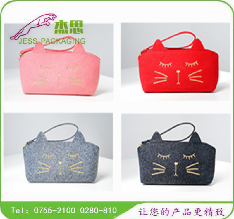 设计新款韩国猫咪拉链零钱包毛毡手提包手机收纳包量大从优