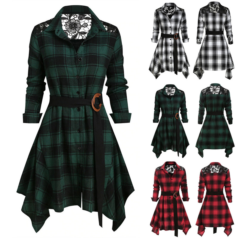 2024 Aliexpress Amazon Lace Women's Plaid Mid-Length Shirt Belt Dress Ready Stock Dropshipping
