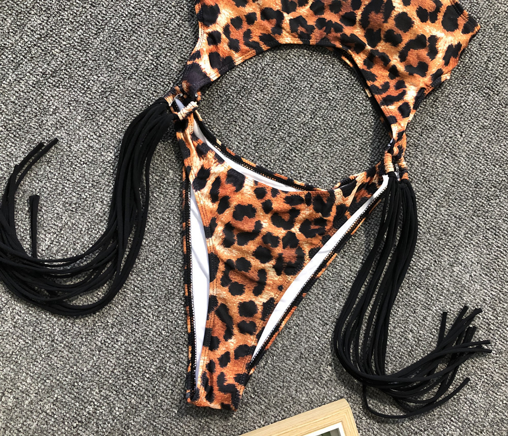 Leopard print hot style one-piece swimsuit sexy hollow steel ring tassel one-piece bikini  NSDA1273