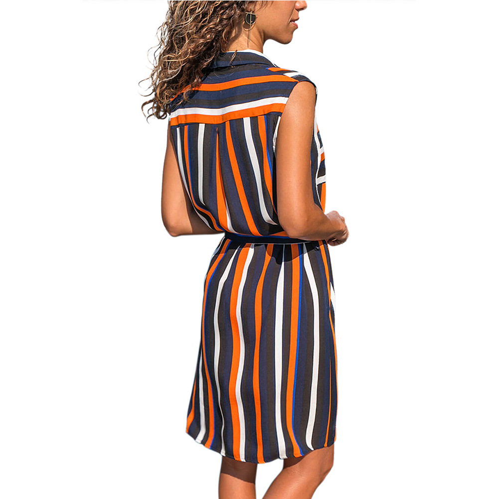 Summer Sleeveless Striped Dress Lapel Button Down Knee Length Casual Wear for Women Wholesale Available