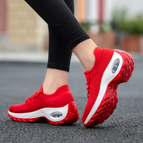 Cross-border plus-size women's shoes, lace-up air-cushion fly-knit sneakers, fashionable rocking shoes, casual shoes, versatile socks and shoes