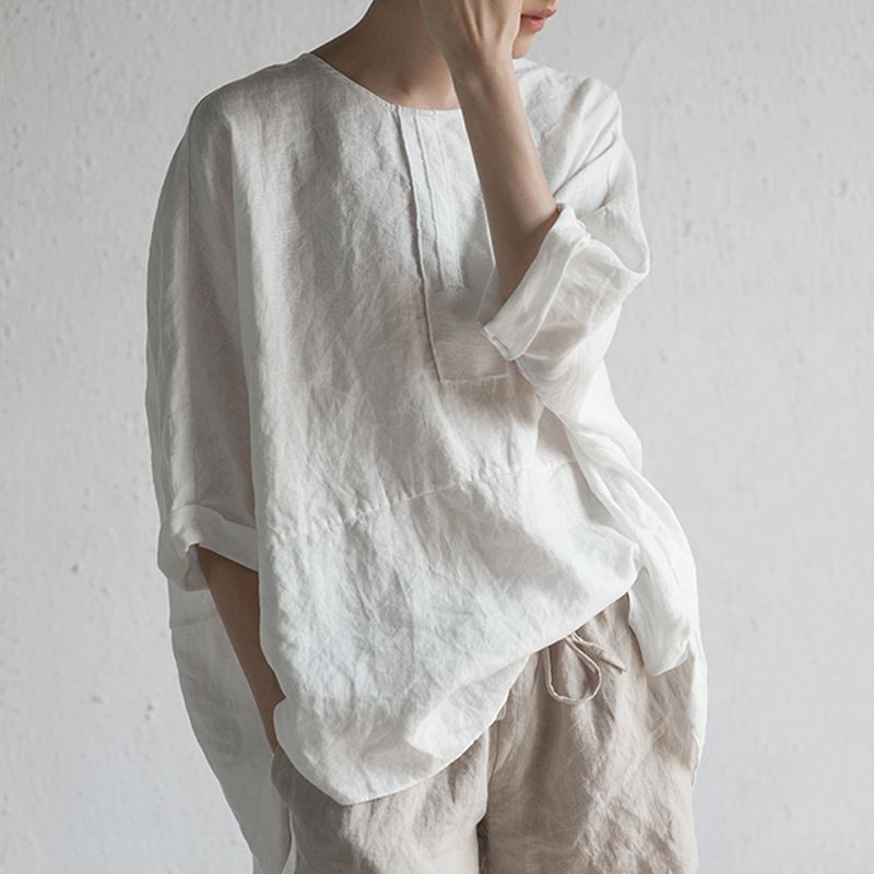 2022 Amazon Best-Selling Japanese Style T-Shirt Round Neck Cotton and Linen Back Fork Three-Quarter Sleeve Casual Loose Pullover T-Shirt
