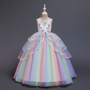 Girls rainbow colored priness dresses stage peformance jazz dresses chorus dress children rainbow birthday party gift dresses