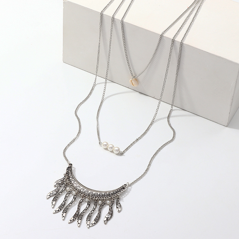 Fashion ethnic style alloy fringed shell necklace multilayer pendant NHNZ129516picture4