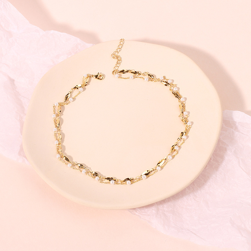 6g Weight Necklace Classification Anniversary, Business, Travel Occasion Women'S Gender Gold Color Fashion Multilayer Pearl Glossy Copper Necklace Wholesale 无