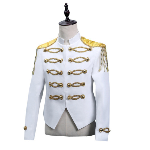 men's jazz dance suit blazers Studio male stage white inlaid gold tassel performance Dress Top nightclub DJ male court performance suit