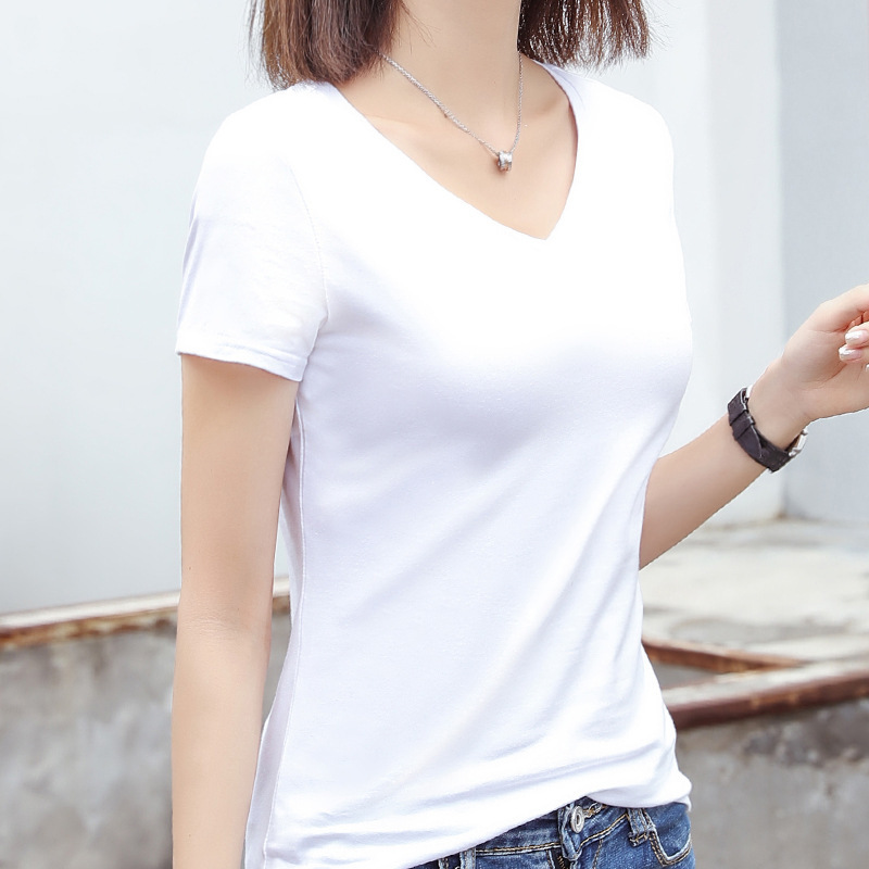 New Style Elegant Interior Casual Fashion Slim-fit V-neck Short-sleeved Multicolor Pure Cotton T-shirt Women's Short V-1