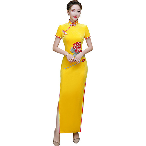 Cheongsam women gold Plush long products cheongsam show show show dress Chinese Dress Qipao