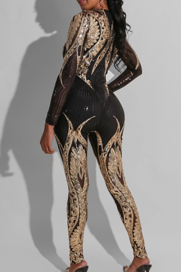 Sequined Long-Sleeved See-Through Jumpsuit NSCYF73118