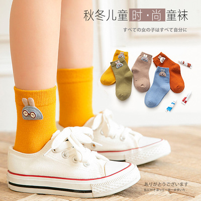 秋冬新品  复古色儿童袜子可爱卡通手工黏贴图案男女宝宝袜子批发