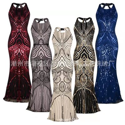 2020亞馬遜長款女裝珠繡禮服裙女宴會氣質魚尾長款歐美新款連衣裙