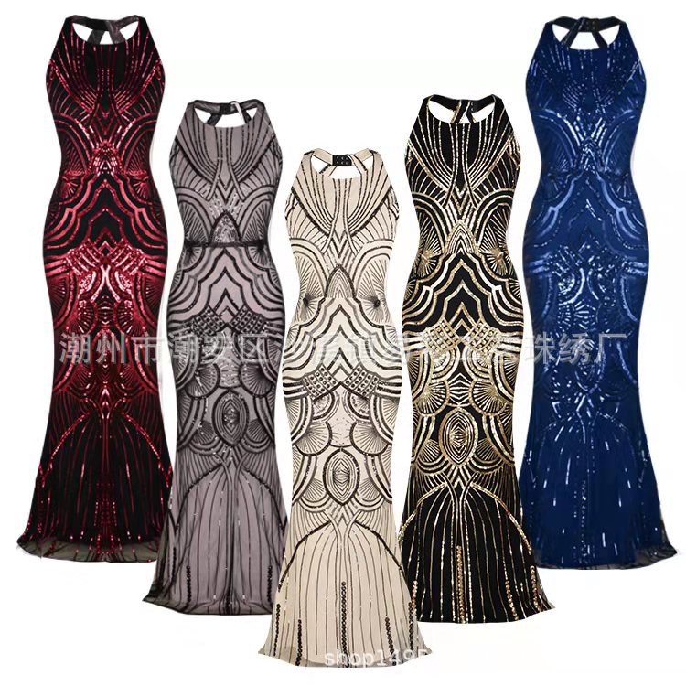 2020亞馬遜長款女裝珠繡禮服裙女宴會氣質魚尾長款歐美新款連衣裙