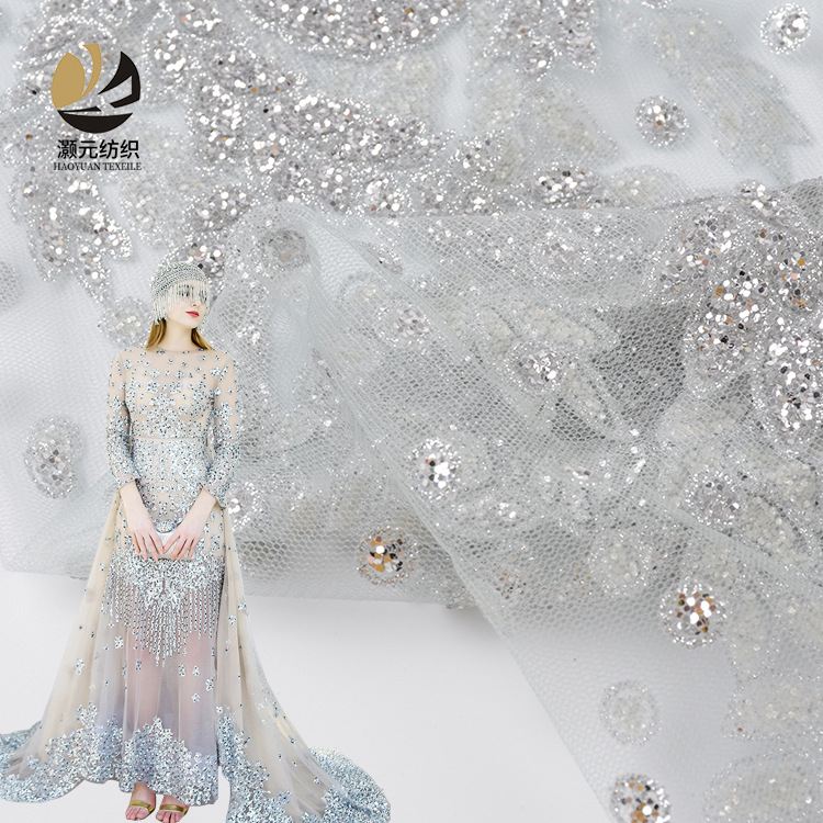 Fabricante de suministro de pailleta plateada ojo rociado oro tela de malla vestido de moda tela de rendimiento