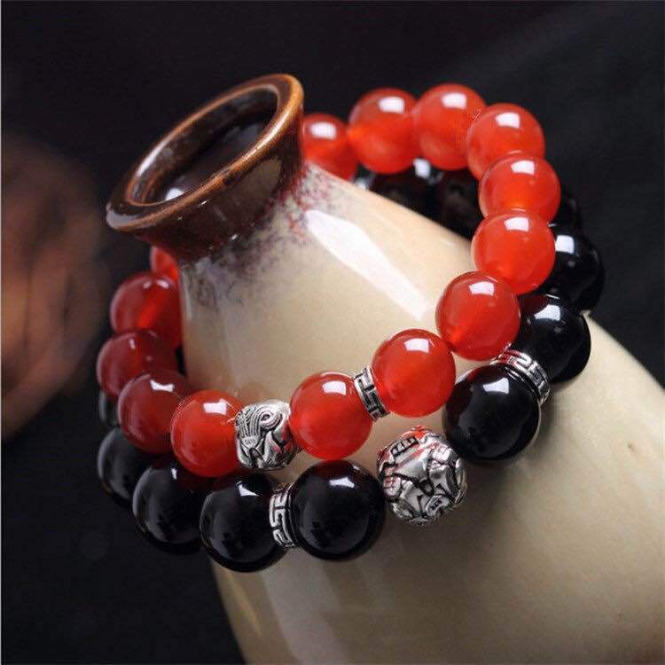天然黑红玛瑙黑曜石藏银貔貅单圈多圈手链手饰男女情侣 水晶手串|ms