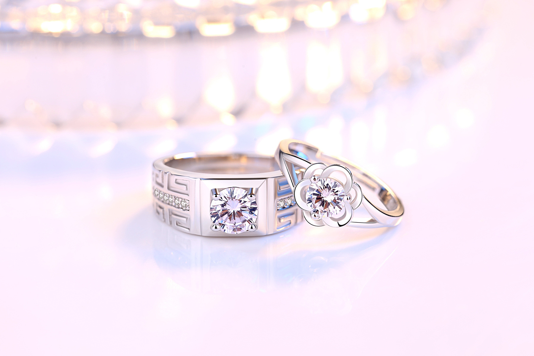 blooming plum male and female couples pattern pair copper ring hand jewelry