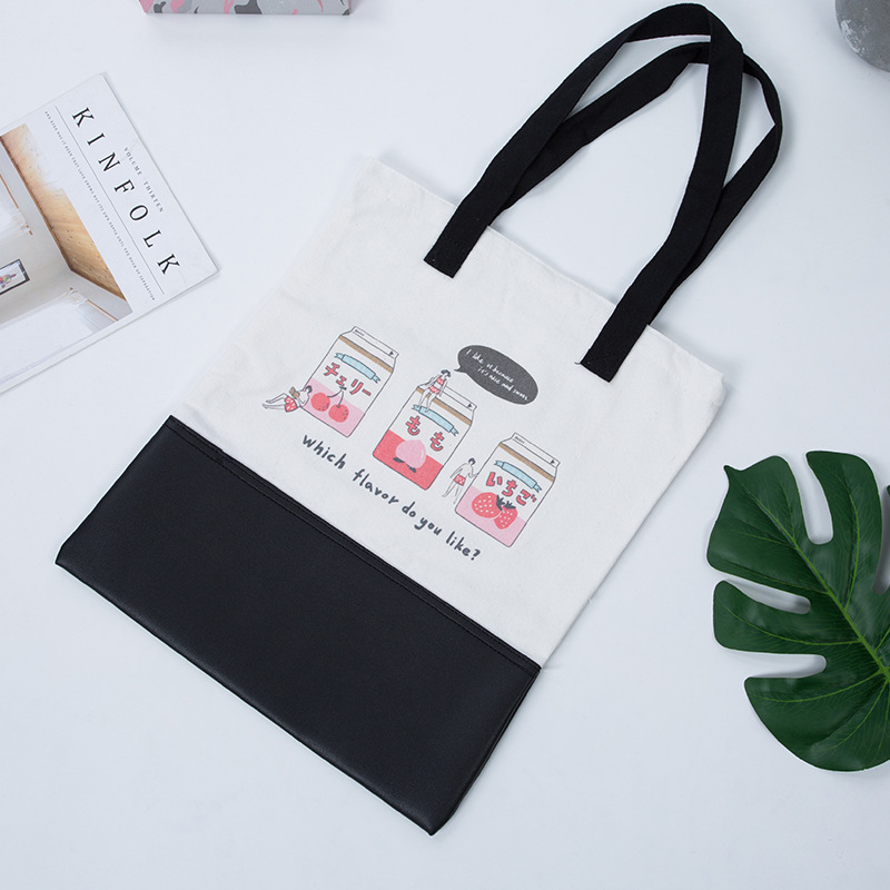 拼色皮革时尚春夏帆布包女单肩ins学生书包韩版百搭帆布包现货