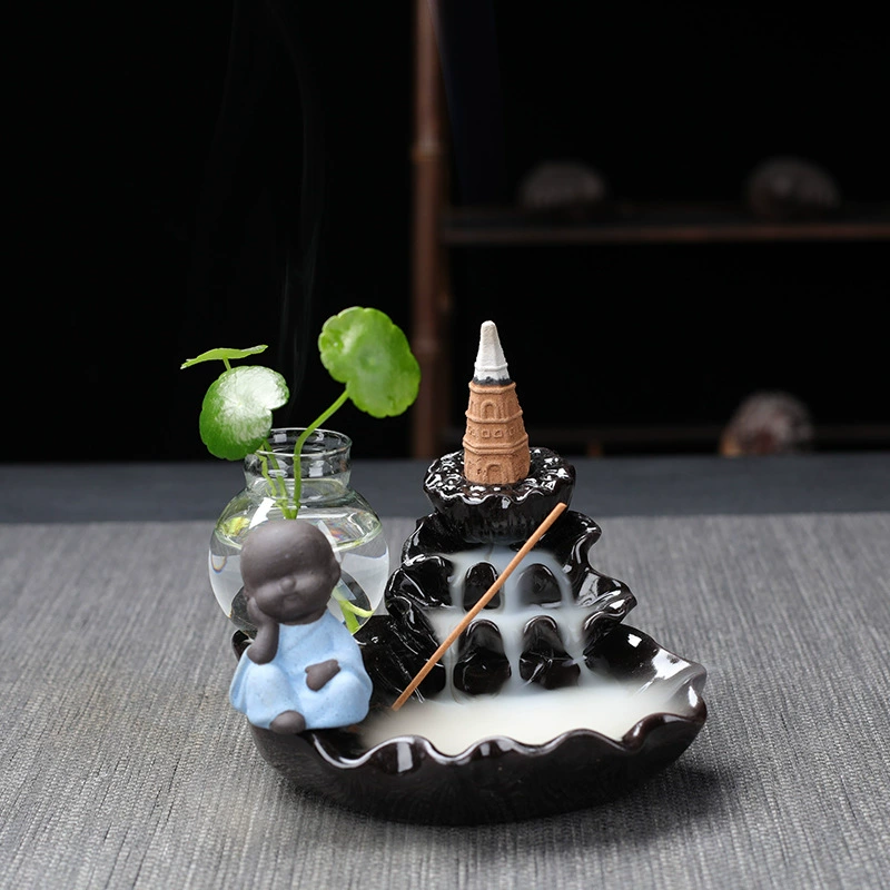  ceramic backflow incense burner (zisha) with xiao monk, flowing water design, home & office