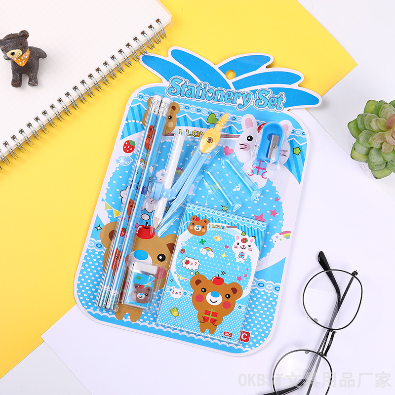 Ventas directas de fábrica diversos niños papelería combinación bolsa de regalo estudiante suministros escolares 8-pieza brújulas lápiz traje