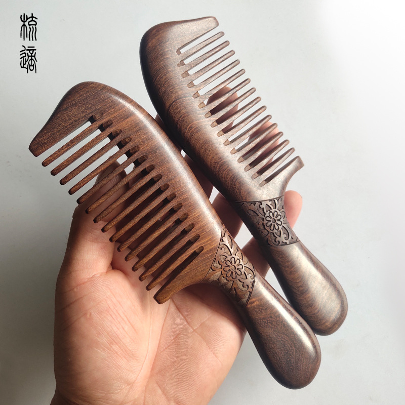 Peine tallado peine de ébano de doble cara de mango largo peine de madera peine regalo letras gratis LOGO