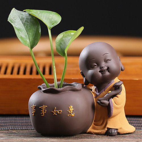 Creative and cute little monk flower utensils, tea pet ornaments, high-quality purple sand tea table tea accessories, small hydroponic vases