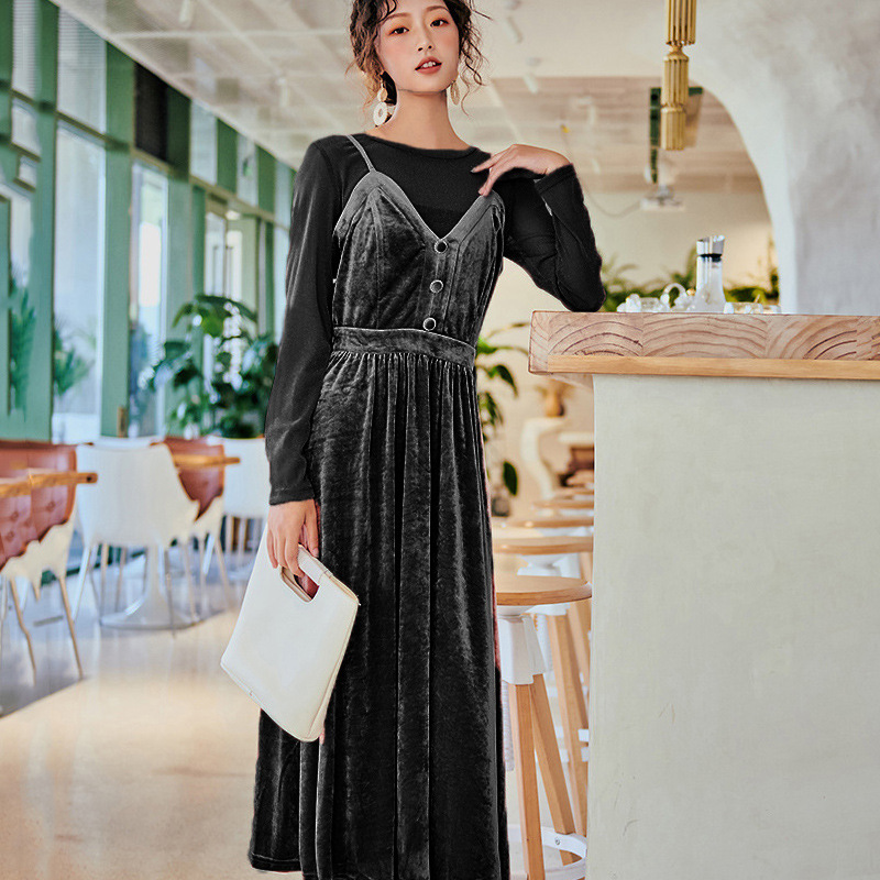 L8115秋新款丝绒裙套装 针织打底衫丝绒连衣裙两件套女-粉色预售