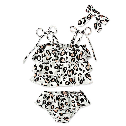 Children's European and American style summer girls' trendy white-based leopard print swimsuit + headscarf two-piece children's clothing set, Instagram style