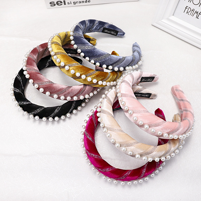 Korean New Style Velvet Sponge Pearl Hair Hoop Headband Solid Color Fabric Hair Accessories display picture 16
