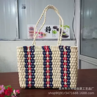 简约竖条网纹单肩包 韩国官网同款 休闲编制女包 19年新款草编包