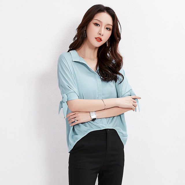 Summer new casual Lapel long chiffon shirt with loose front back