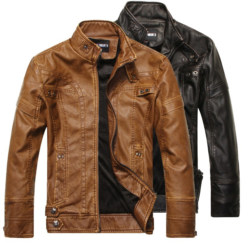 Amazon cross border men's leather coat autumn winter Plush fashion European and American wash leather jacket motorcycle leather coat man 8805