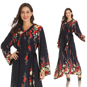 V-Neck long sleeve printed temperament long ethnic dress