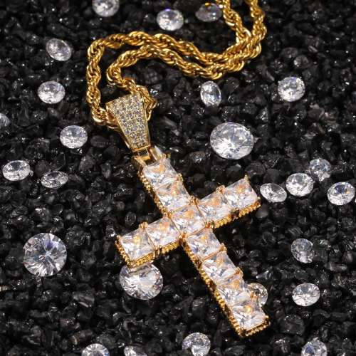 Cross-border hot selling hip-hop square zircon cross necklace European and American punk personality male and female couple pendant accessories