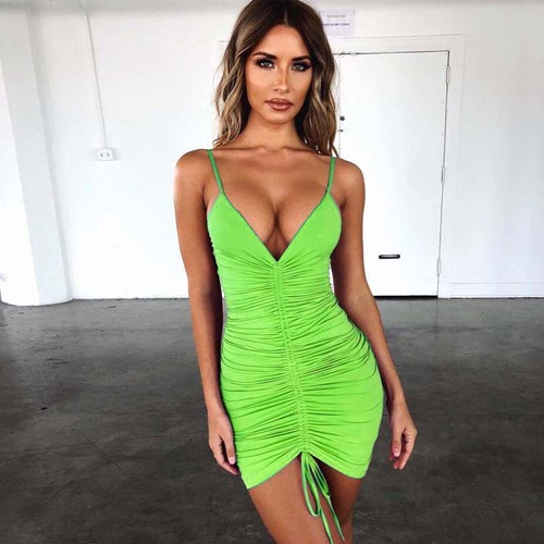 Women V-neck sling dresses stretch sexy nightclub bar party bag hip skirt tight-fitting pleated drawstring suspender dress