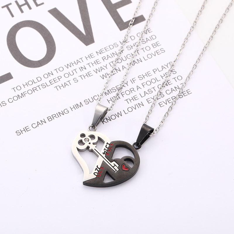 Fashion Heart Shape Key Metal Plating Inlay Zircon Couple Pendant Necklace 1 Set display picture 3