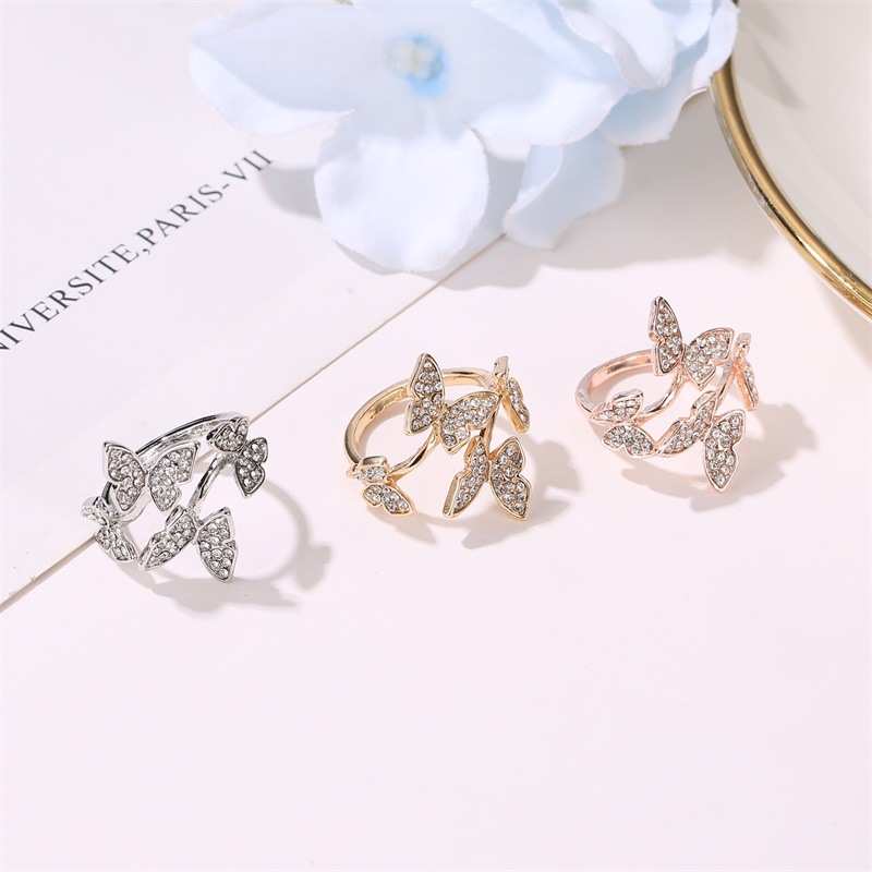 Full Diamond Four Butterfly Ring Light Luxury Index Finger Opening Ring display picture 2