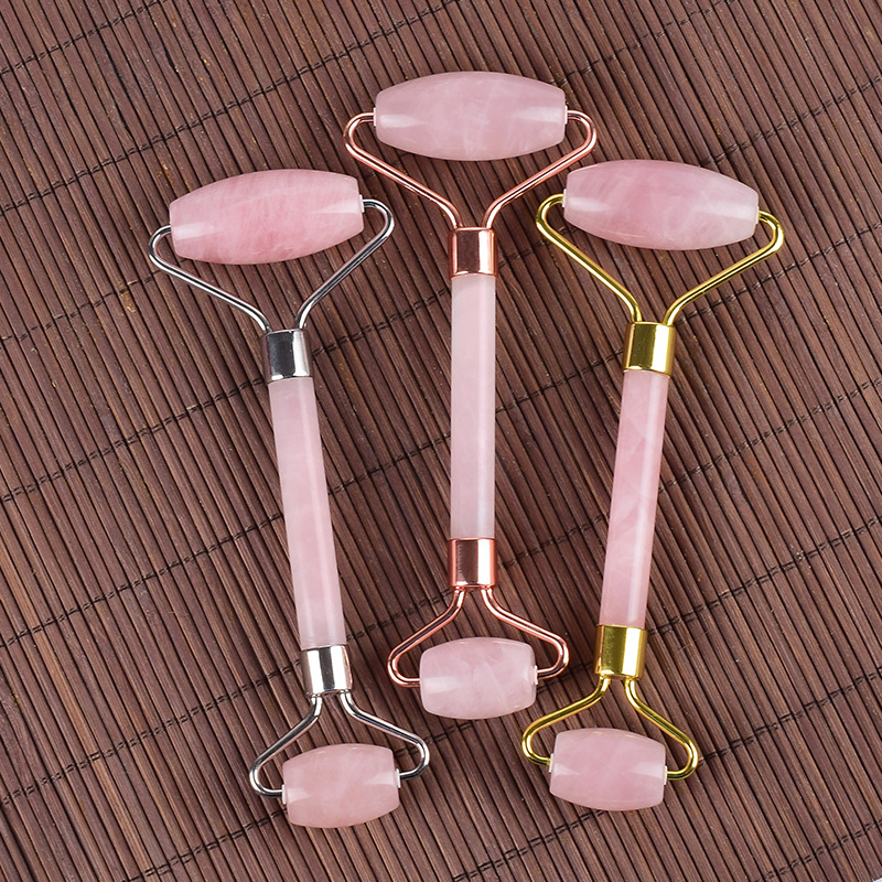 天然玉石脸部眼部按摩滚轮玉石滚轮按摩器粉晶滚轮按摩器双头滚轮