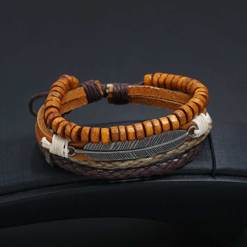 Vintage Multilayer Alloy Feather Cowhide New Wood Bead Bracelet