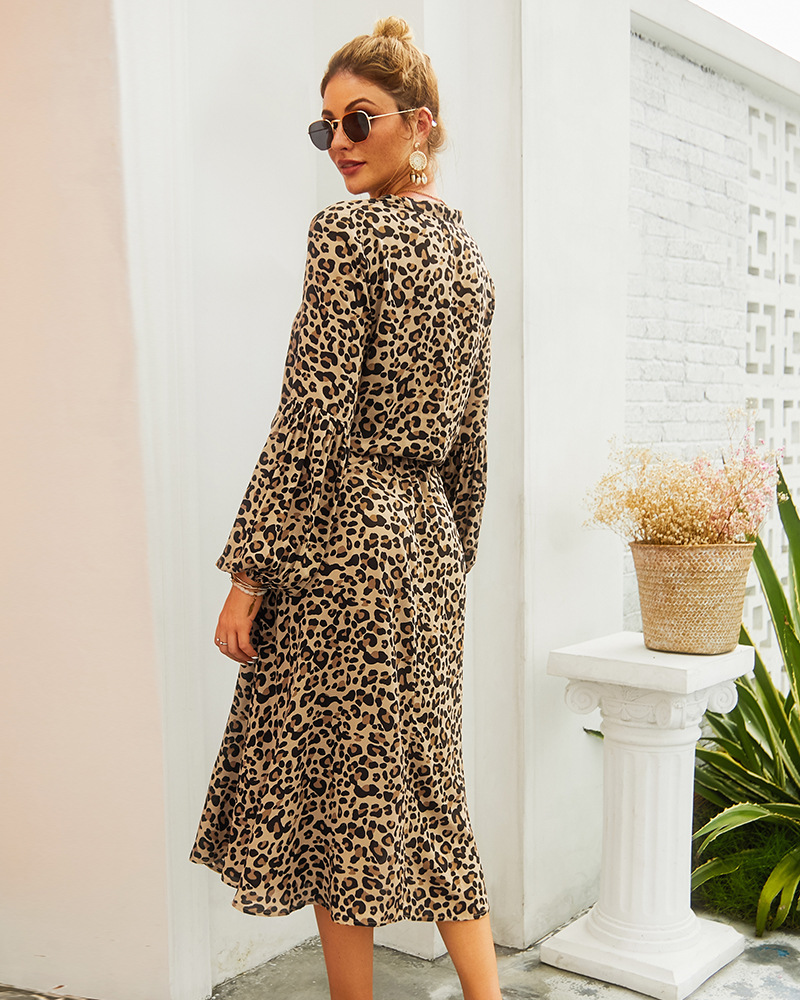 Primavera y verano nuevo vestido medio de manga larga con estampado de leopardo AL POR MAYOR NSKA288